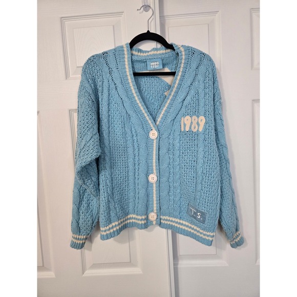 Taylor Swift Official Merchandise Sweaters - Taylor Swift 1989 Taylor's Version Blue Cable Knit Cardigan Seagulls MD/LG